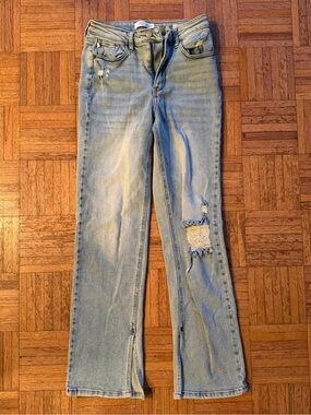 Judy Blue Straight Leg Distressed Jeans Light Wash Raw Hem Slit Detail Size 3/26